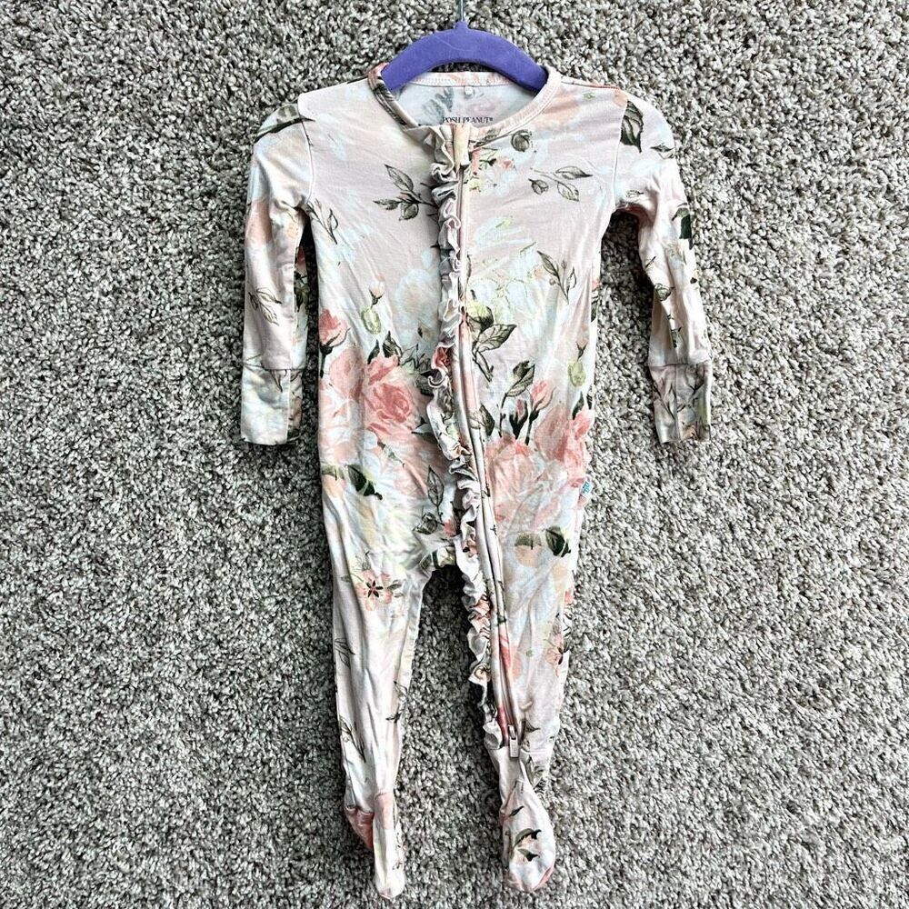 Posh Peanut One Piece Baby 3-6M Floral Print Ruffle Trim Zip Footies
